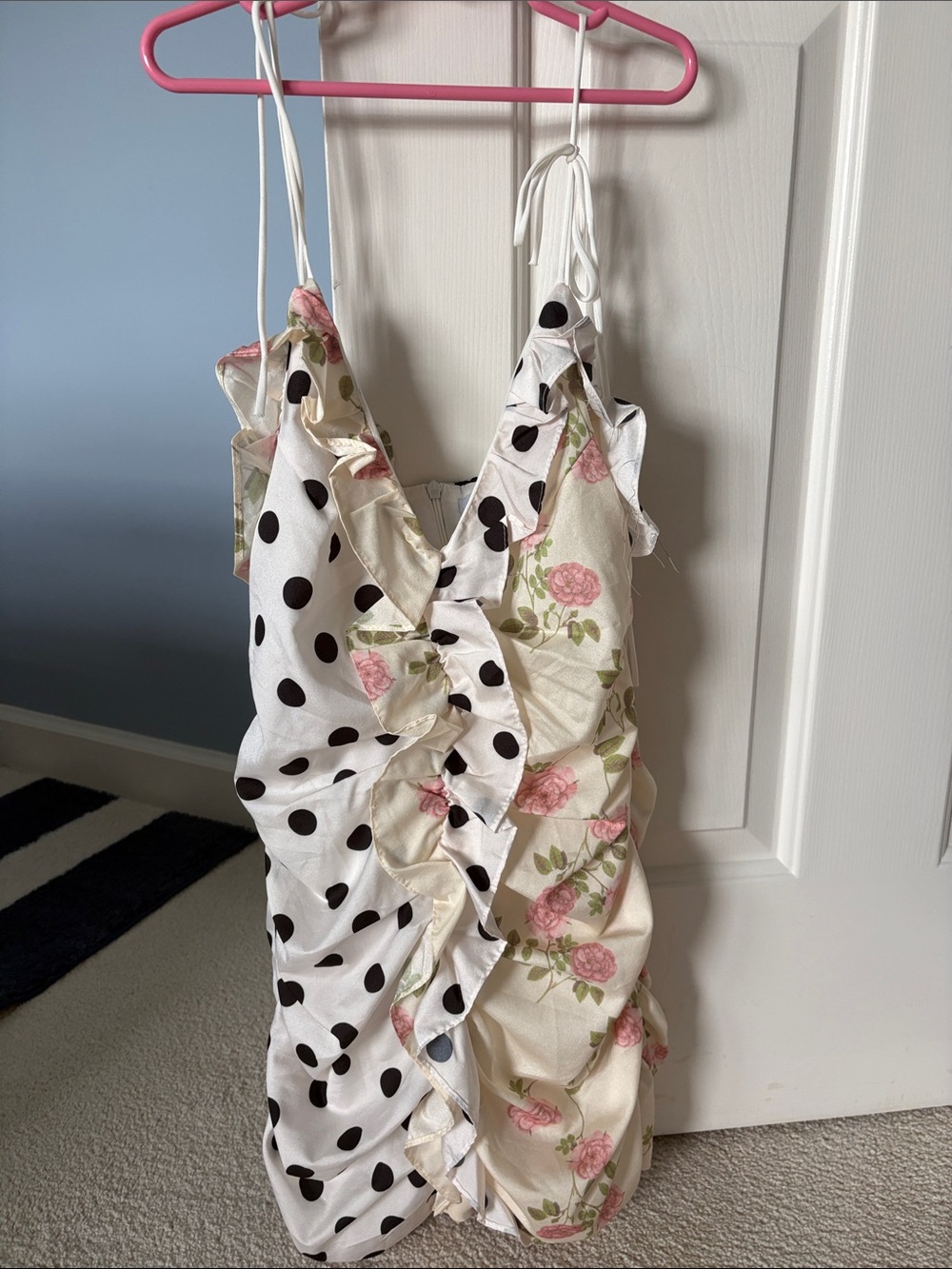 Polka Dot & Floral Ruffle Dress - White, Black & Pink